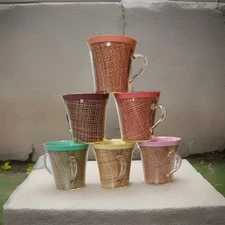 VTG Raffia Ware Coffee Mugs Thermal Insulated Burlap 4” Pastels MCM Set of 6