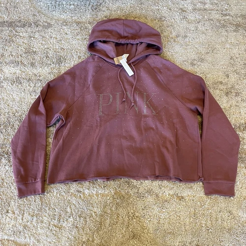 UNDERCOVER Victoria's Secret ROSA Felpa con Cappuccio Donna 2XL Viola Cropped Pile Strass