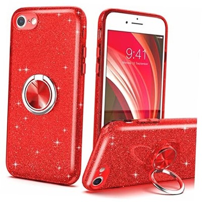 for iPhone SE 3 2022 Case Glitter,Slim Sparkly Case with 360°Ring Holder Red