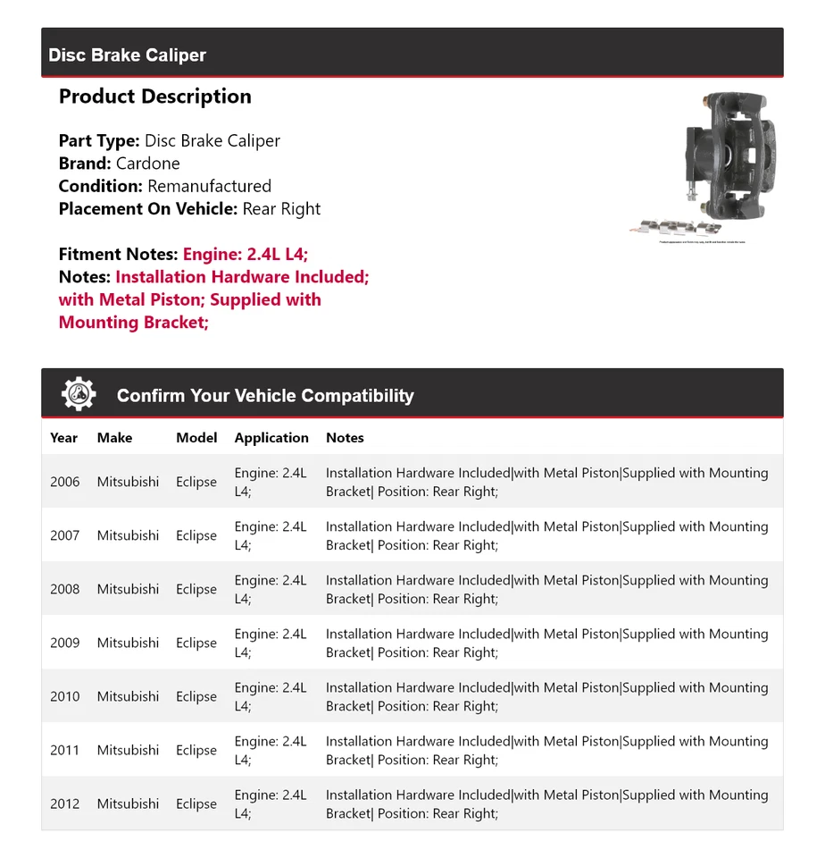Pinza de freno de disco trasera derecha Cardone para Mitsubishi Eclipse 2006-2012 2,4 L L4 Foto 2 de 4