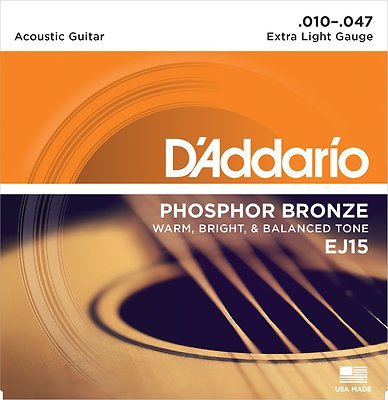 D'ADDARIO EJ15 Phosphor Bronze, EXTRA LIGHT 10-47 ACOUSTIC GUITAR STRINGS 