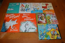 HUGE DR. SEUSS LOT BOOKS, MOVIES - GRINCH, CAT IN THE HAT, GREEN EGGS, FOX SOCKS