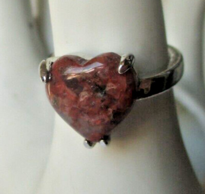Bague Cœur Pierre Naturelle Vieux Rose - Taille 58, Rhodié Argent, Vintage Rétro