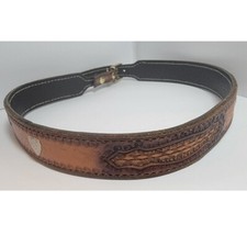 Brown Leather Western Belt 28-32 x 1.25" Silver Medallions Gold Hardware Tooled