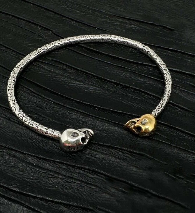 Brazalete Brazalete Retro Tailandés Plata Calavera, Punk, Motociclista, Rock, Hip-Hop Estilo Graffiti Foto 4 de 4