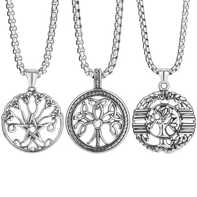 Men's Wiccan Pentagram Tree of Life Pendant Celtic Knot Stainless Steel Necklace