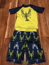 GYMBOREE BOYS SWIM TRUNKS RASHGUARD SHIRT SIZE 10 YELLOW BLUE LOBSTER EEUC