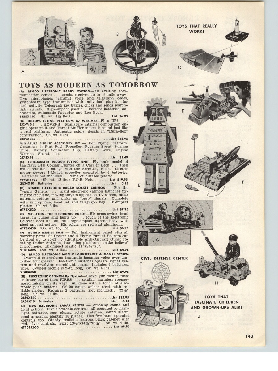 1957 PAPER AD Toy Mr Atom Robot Nylint Canno Hiller’s Flying 