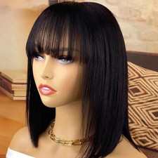 Brazilian Human Hair Wig with Bangs No Lace Remy Straight Hair Bob Machine made