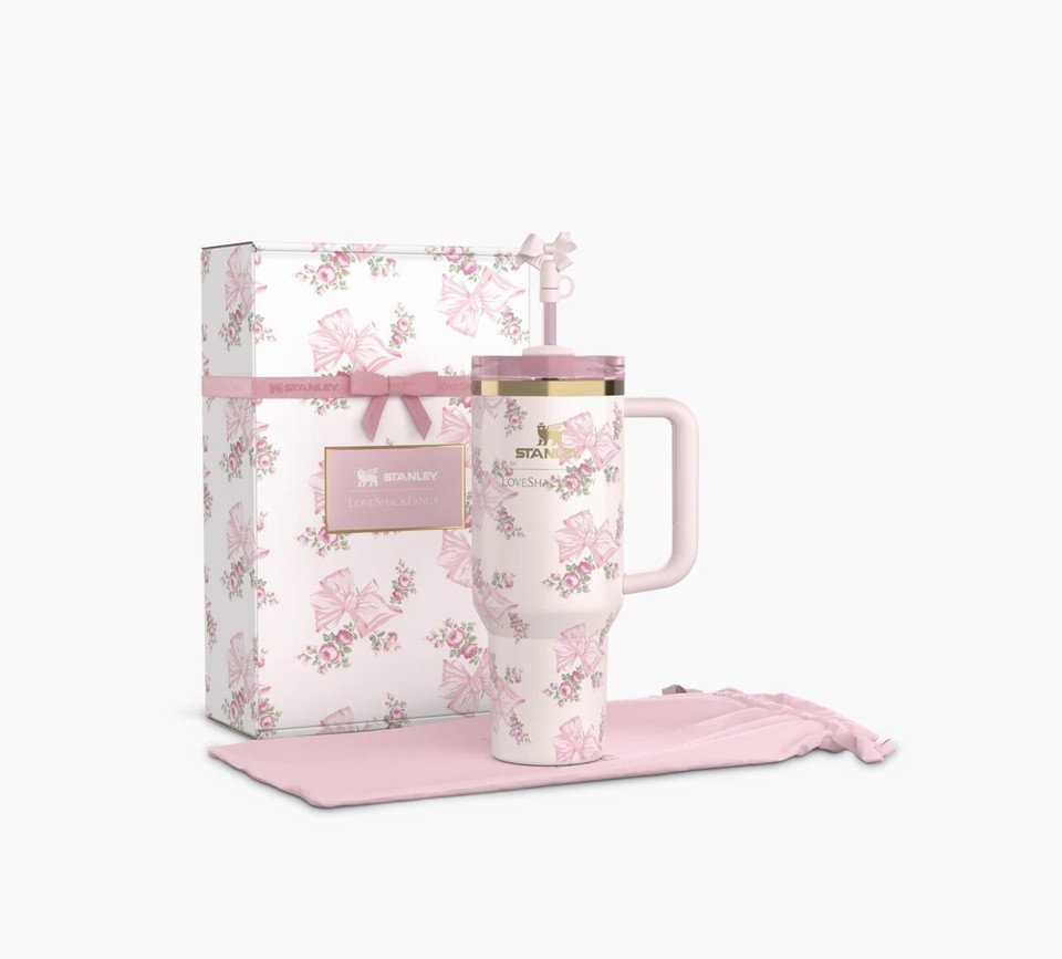 Vaso Stanley 40oz X LoveShackFancy Edición Navidad Rosa Bella - Aislado, Con Asa Y Pajita (Envío Inmediato)