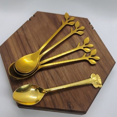Gold Tone Leaf Handle Spoons Set of 4 Dessert Coffee Tea & One Extra spoon