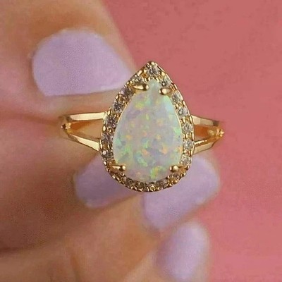 Damen-Verlobungsring 2 kt Birnenschliff Laborgefertigt Feueropal 14 K Gelbgold-Finish