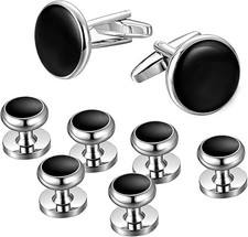 Jstyle Mens Cufflinks and Studs Set Tuxedo Shirts Classic Black Silver Match