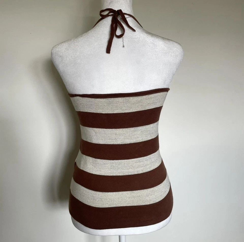 Camiseta sin mangas Diesel Y2K rara marrón blanca a rayas azul brillante crochet halter talla S Foto 3 de 4