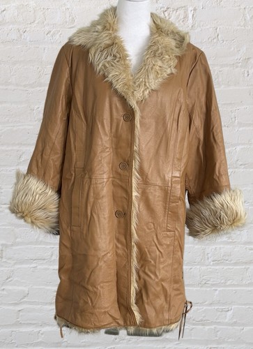 VTG Via Accenti Penny Lane Brown Leather Coat faux fur Lined Bohemian Sz 18 W - Picture 1 of 12