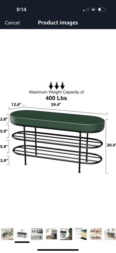 Midcentury Modern Bench With Shoes Storage Rack Green/Black 40” - Image 2 of 4
