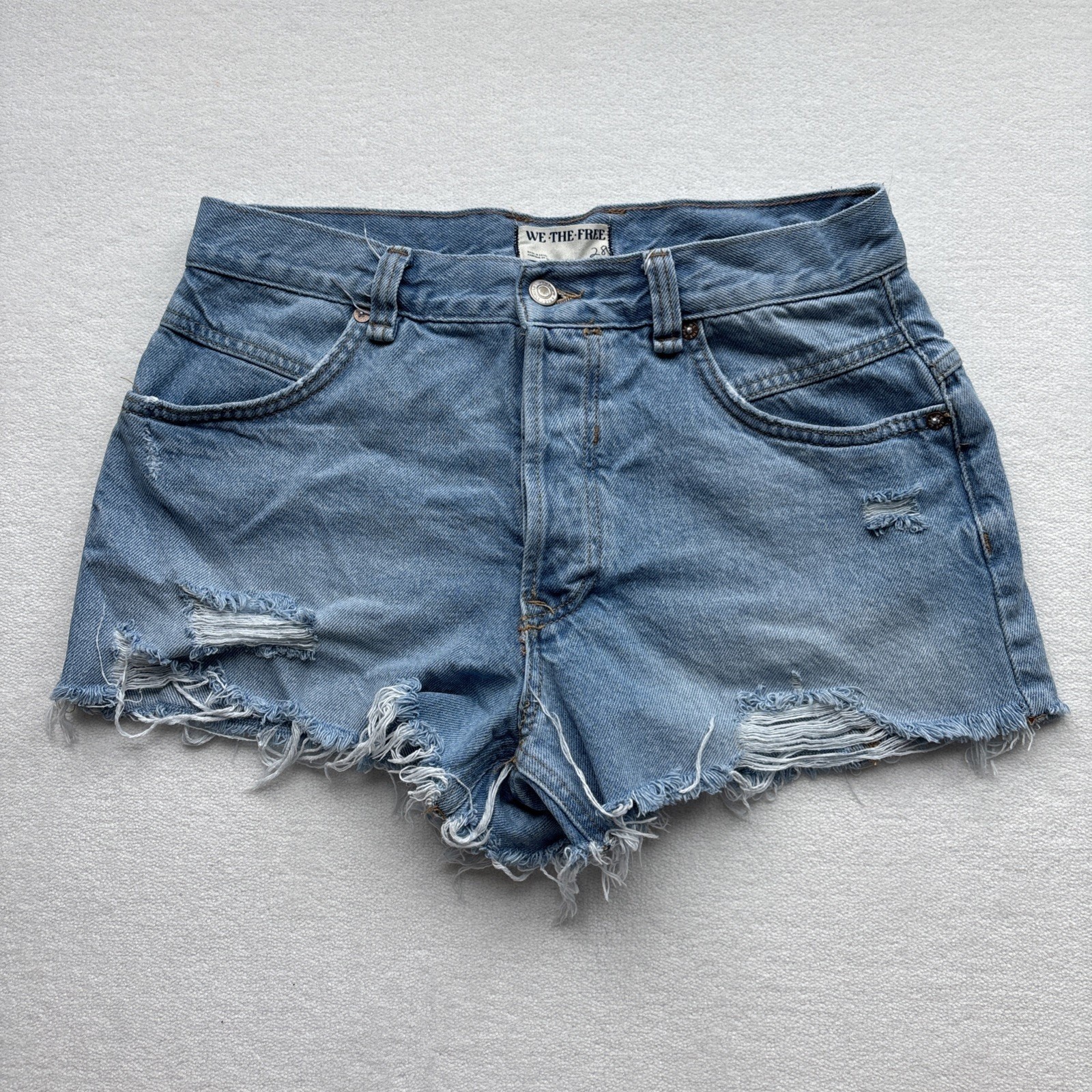 We The Free Denim Shorts Womens 28 Blue Distressed Button Fly High Rise Cut Offs