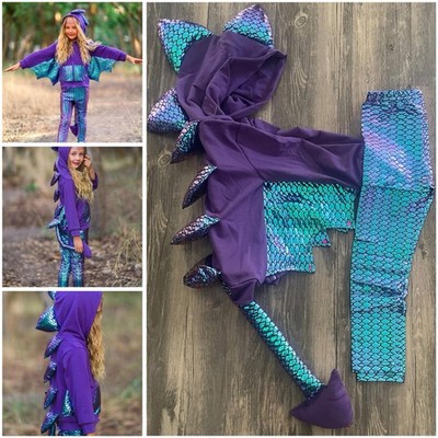 Kids Dragon Zip Hoodie Dress Up Outfit Metallic Leggings Set Costume Wings Tail