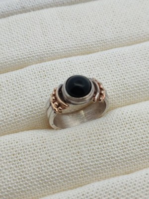 Designer Sterling Silver 14K Gold & Onyx Balinese Style Ring Size 6.5