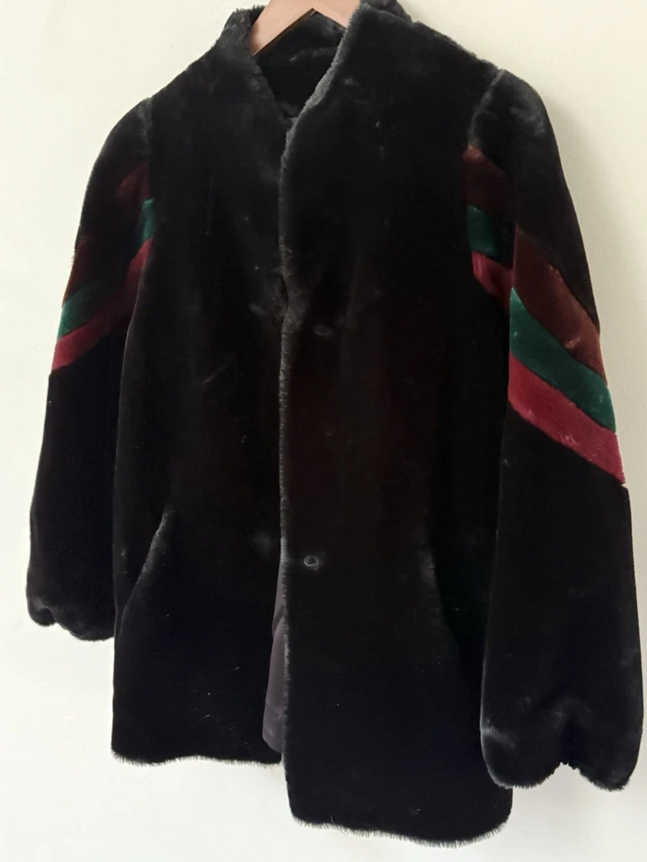 Abrigo Vintage Informal Esquinero Piel Sintética Talla 11-12 Años 80 Manga Rayas Negro Exterior Foto 2 de 4