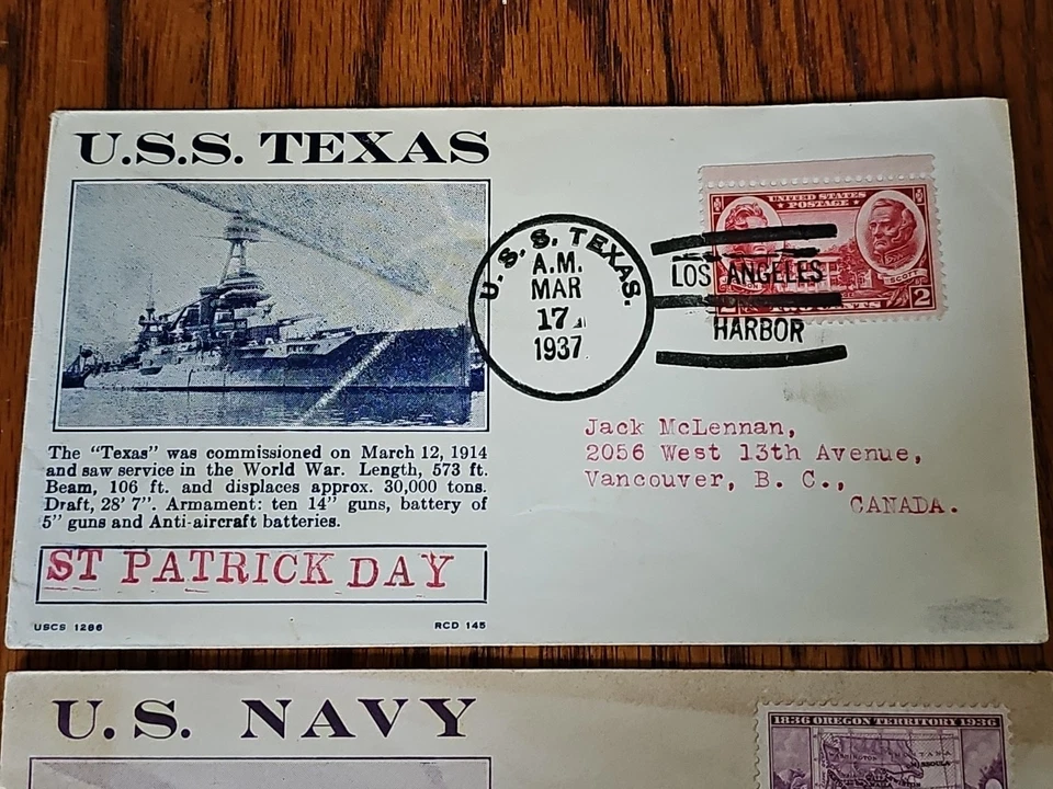 2 1937 USS TEXAS BB-35 NAVAL POSTAL COVERS War Games 1937 & St. Patrick's Day - Image 2 of 4