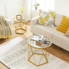 Small Coffee Table Set of 2, Round Coffee End Table with Metal Frame, Glass T...