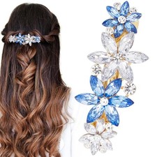 Crystal Rhinestone Hair Clip Blue Clear Flower Wedding Barrettes Blue Flower