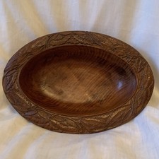 Hand Carved Oval 6 X8 Inch Wooden Bowl With Floral Motif