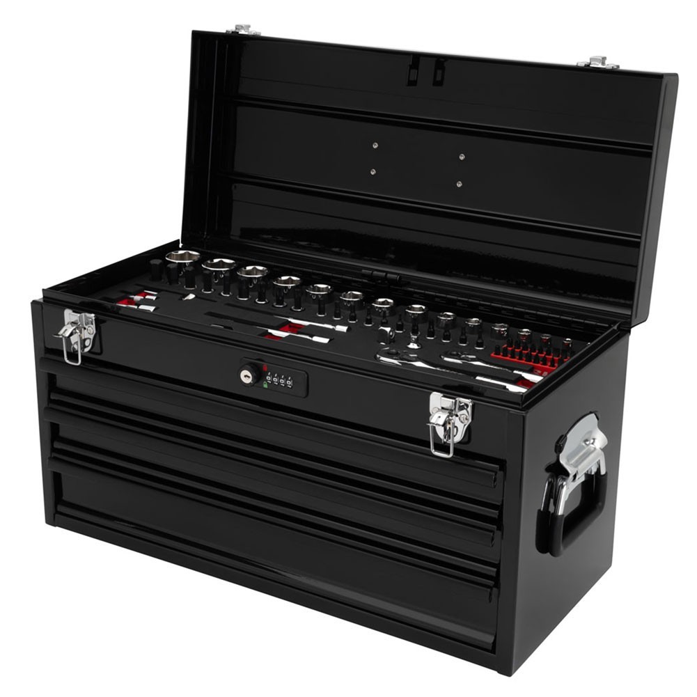 TUSK 3 Drawer Moto Tool Box with Lock, 129pc Tool Set Chrome