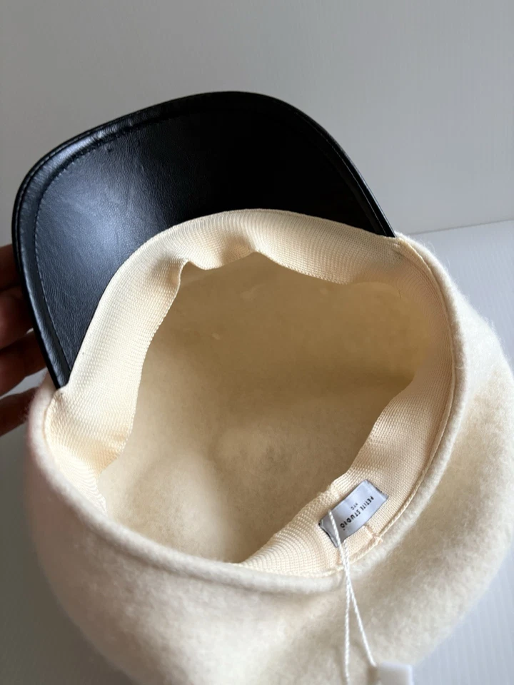 Petite Studio Classic Wool Leather Brimmed Beret Hat Cream/Black NWT - Image 4 of 4