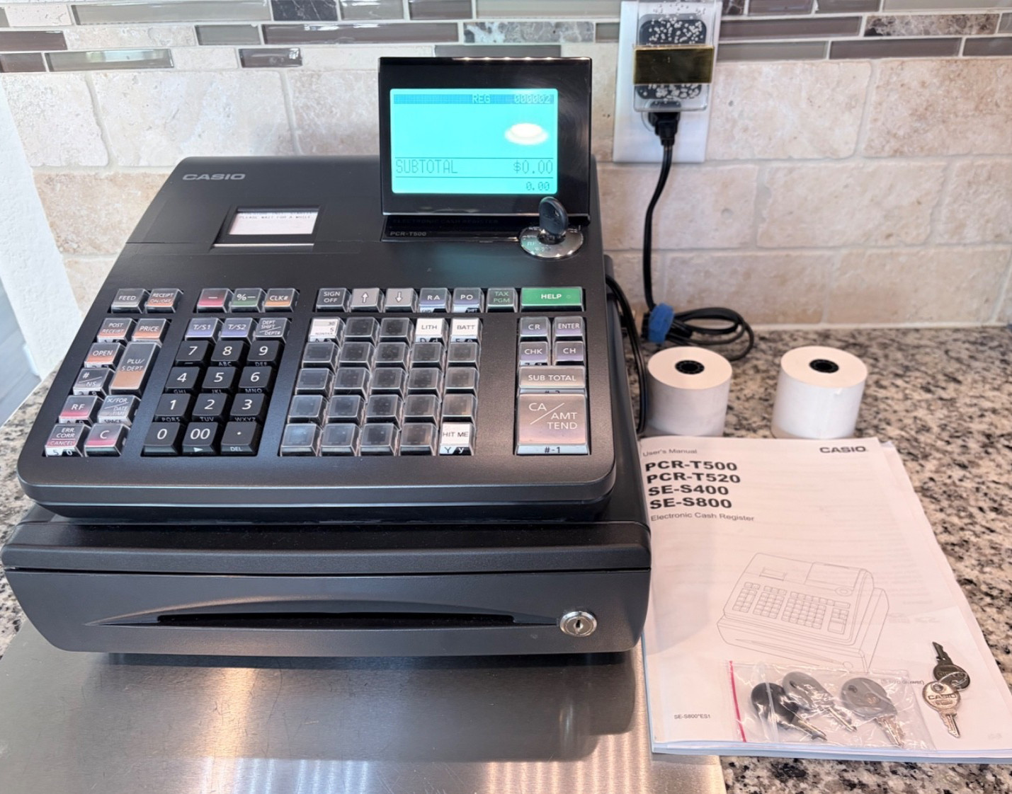Casio PCR-T500 Electronic Cash Register With Keys, Manual and Paper