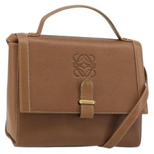 LOEWE Anagram Shoulder Bag Leather 2way Brown Gold Auth 186112