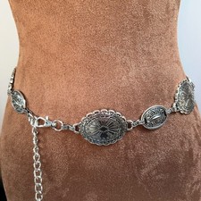 Silver Engraved Oval Link Concho Chain Belt 45" Western Coastal Cowboy