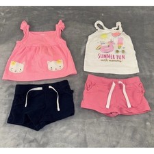 4 PC Lot: Infant 6-12 Mo Girls Sleeveless Tops  Pull-on Shorts Pink/Navy-Blue