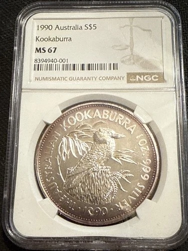 1990 Australia Kookaburra NGC MS 67 Beautiful light Edge Toning 1oz Silver coin