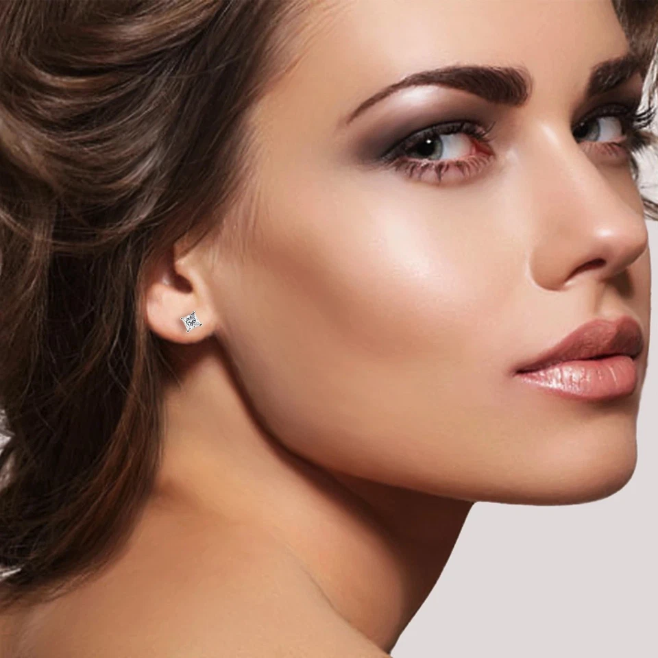 2Ct Princess Cut VVS1/ D Lab Created Stud Earrings 14K White Gold 7mm Screw Back - Image 2 of 4