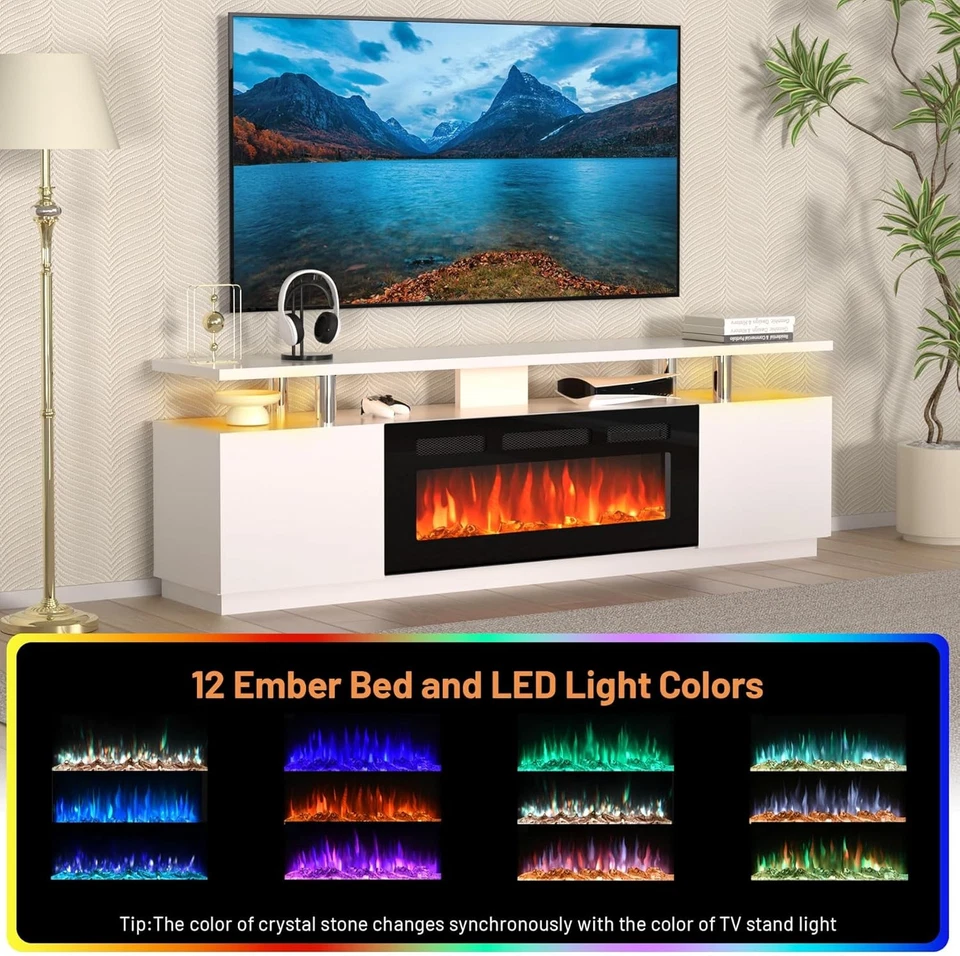 70 Inch Fireplace TV Stand with 36 Inch Electric Fireplace, 12 Colors LED Lights - Image 3 of 4