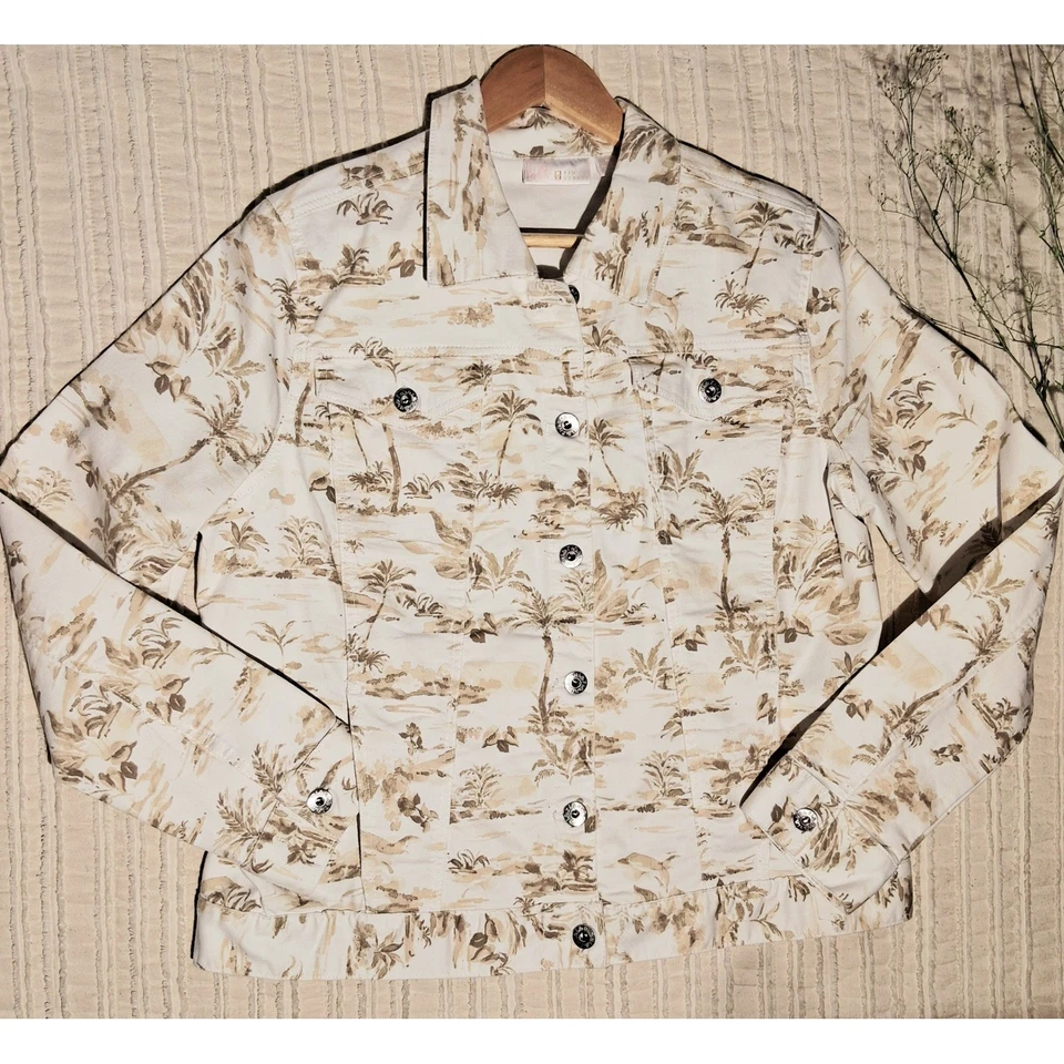Chaqueta de Jean Belle By Kim Gravel Tropical Estampado de Palma Algodón Beige Para Mujer Talla M Foto 4 de 4