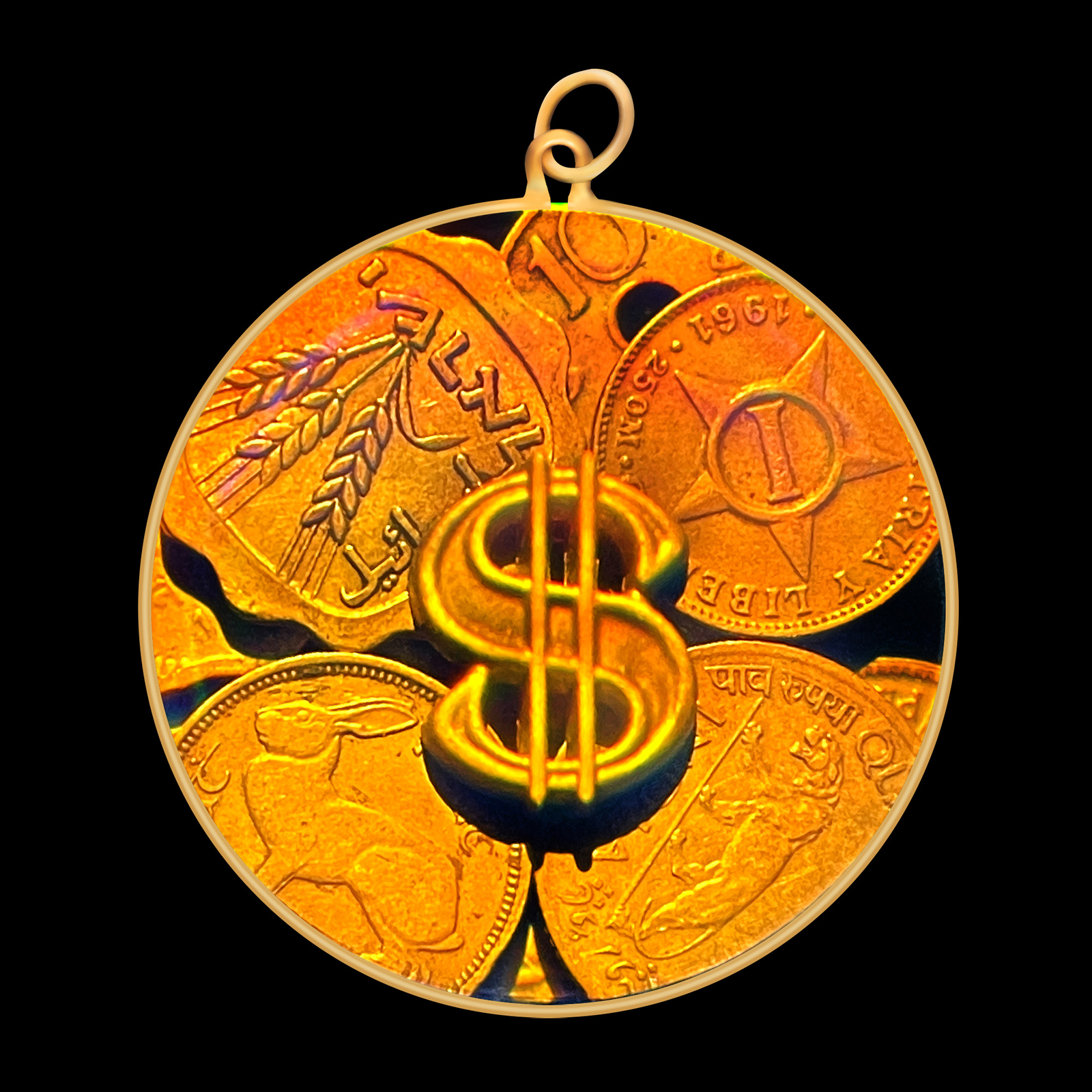 9ct Gold Hologram Pendant - Dollar Sign Coins Money (Large) - No Chain