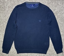 GANT Men  s Sweater PREMIUM COTTON Solid Navy Blue Textured Crew Neck L/S Size S