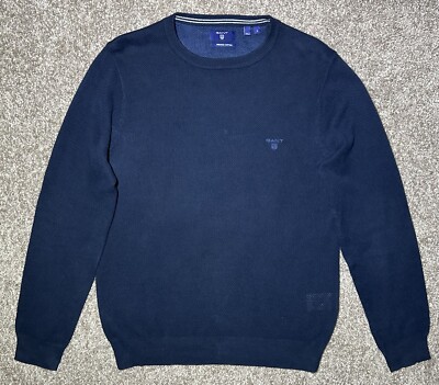 GANT Men s Sweater PREMIUM COTTON Solid Navy Blue Textured Crew Neck L/S Size S