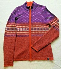 EUC Neve Designs Wolle Pullover Jacke M L Violett Rot Ski Nordic Reißverschluss