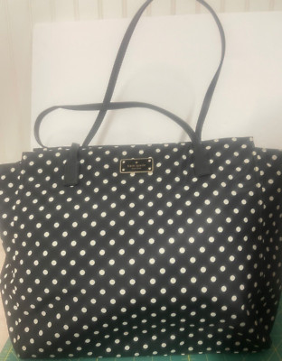 Kate Spade Nylon Tote Bag Black White Polkadot Purse Zip Top