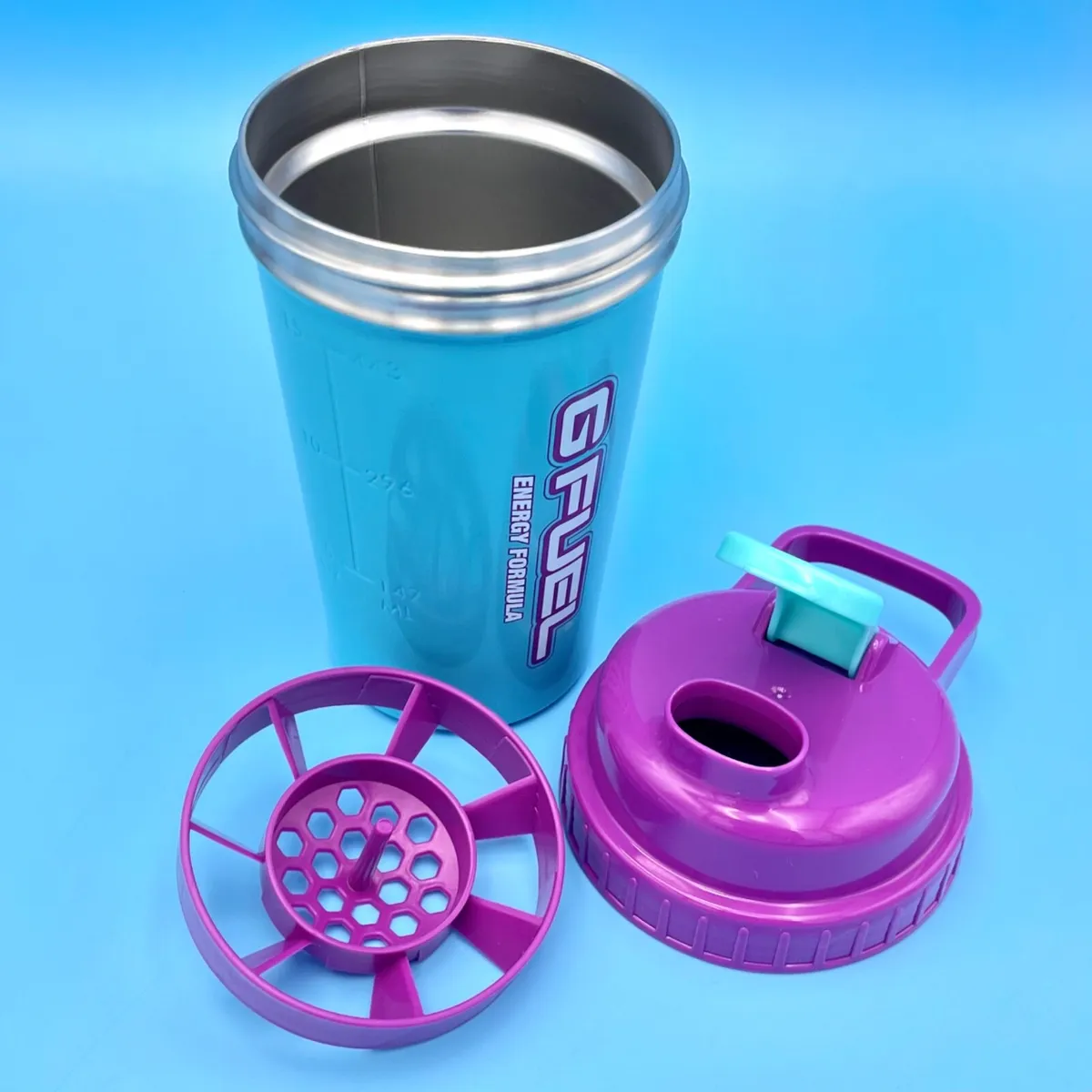 G Fuel Stainless Steel Hornets Shaker Cup 16oz Mixer Bottle Aqua Blue  Purple