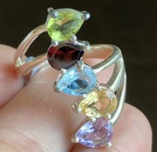 CERTIFIED MULTI GEMSTONE SOLID 925 STERLING SILVER RING Size 7