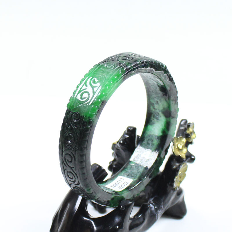 66mm Chinese Hand-carved Green Black Jadeite Jade Gems Bangle