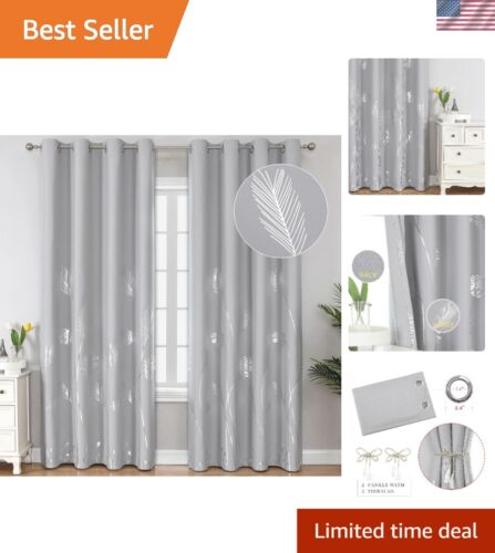 Elegant Light Grey Blackout Curtains with Silver Palm Tree Design - 52x84 in