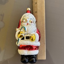 Santa Claus Holding Candy Cane Christmas Tree Ornament Holiday Hand Blown Glass