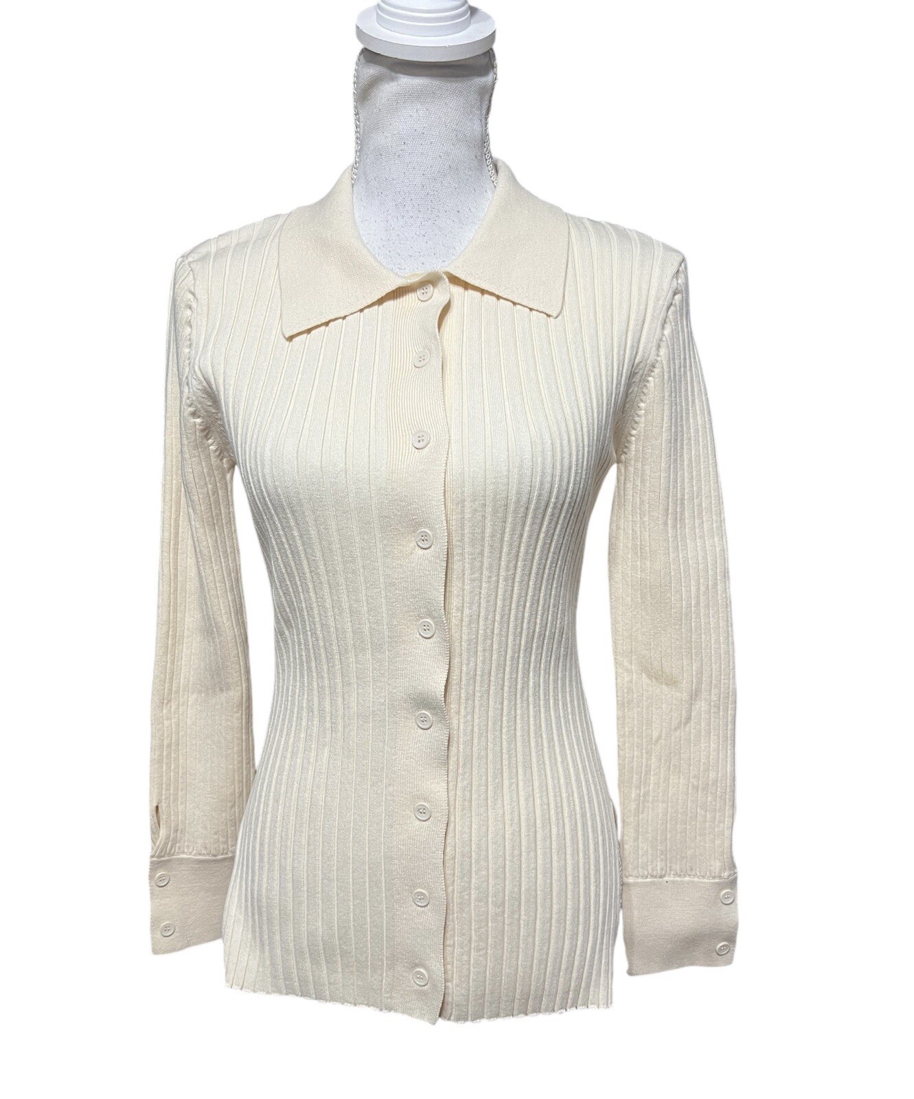 Pixie Market Ivory Ribbed Collared Button Cardiga… - image 1