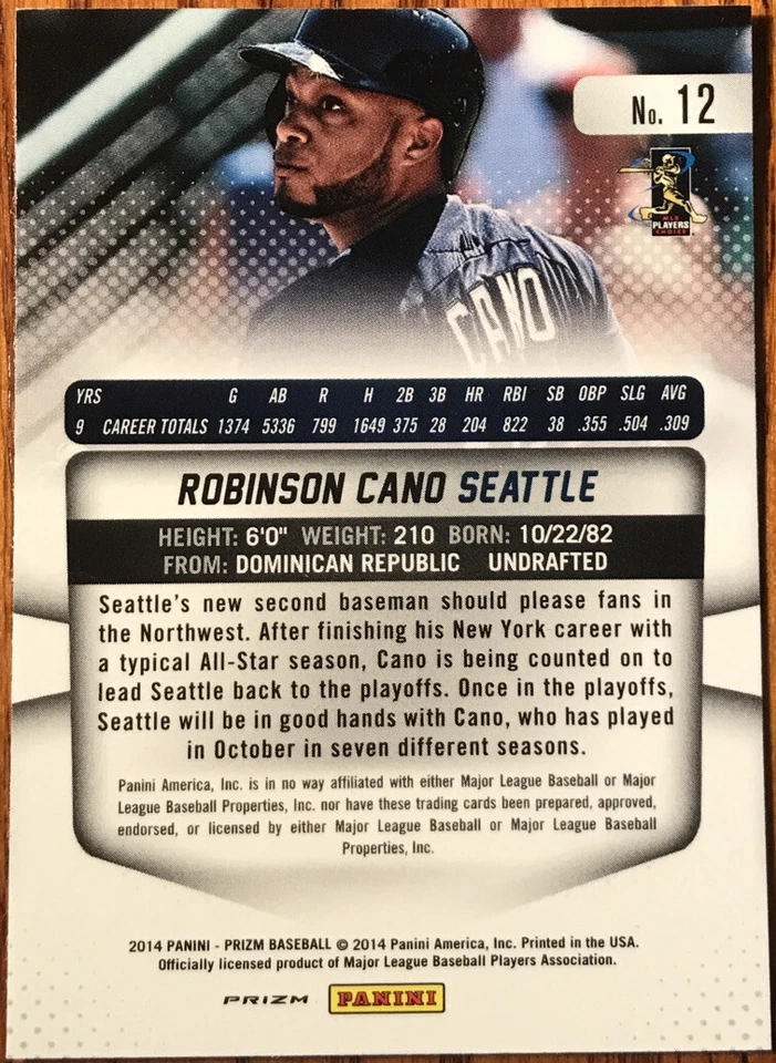 2014 Panini Prizm Prizms Red White & Blue Pulsar Robinson Cano #12 - Изображение 2 из 2